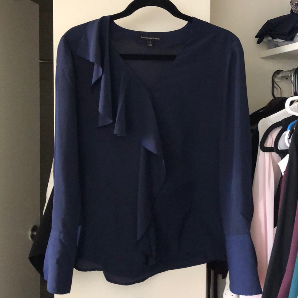 Long sleeve ruffle blue blouse